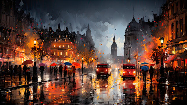 Painting of London, England at night during a rainstorm in an abstract expressionism style - Generative AI