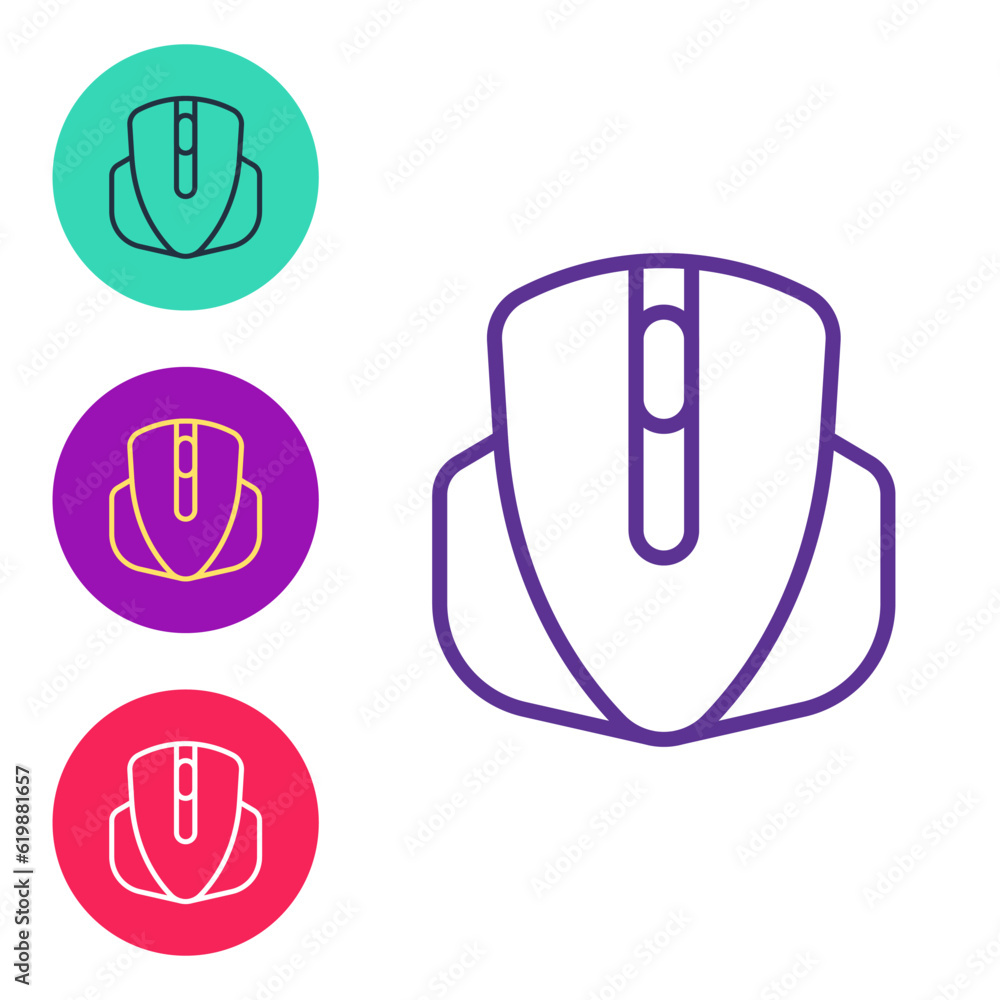 Poster set line computer mouse gaming icon isolated on white background. optical with wheel symbol. set ico