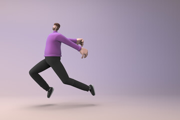 Man in casual clothes making gestures while pushing or running. 3D rendering of a cartoon character