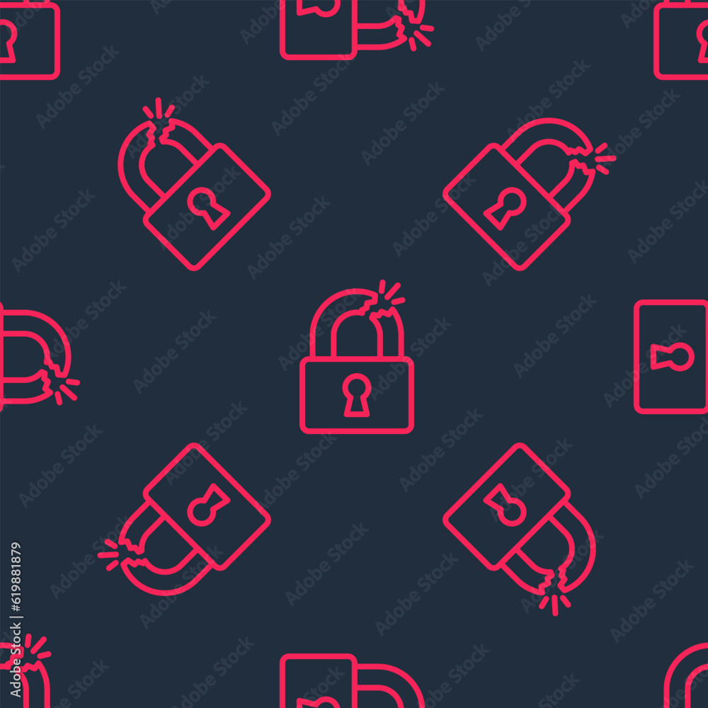 Poster red line broken or cracked lock icon isolated seamless pattern on black background. unlock sign. vec