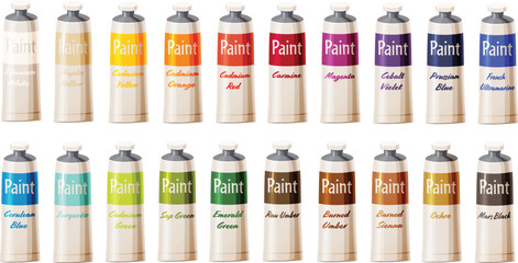 Cute vector illustration of various kinds of colorful oils paint tubes.