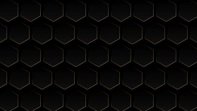 Elegant black background with hexagon pattern and golden lines. seamless loop