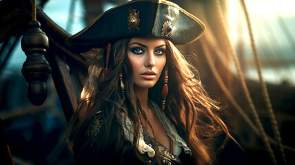 Naklejka premium brave woman pirate captain of naval fleet, fantasy portrait, Generative Ai