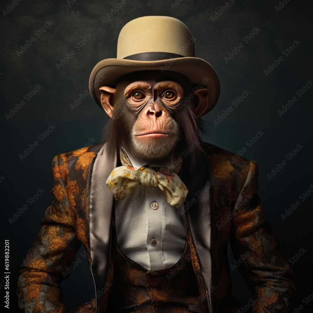 Wall mural portrait of a monkey in a fashionable suit - Generative AI