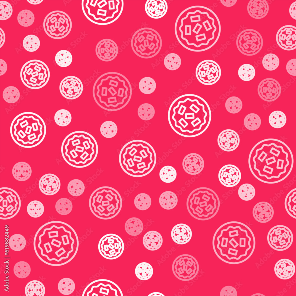 Poster white line homemade pie icon isolated seamless pattern on red background. vector