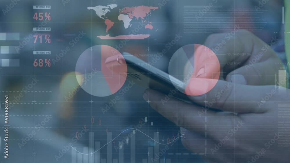 Poster animation of financial data processing over caucasian man using smartphone