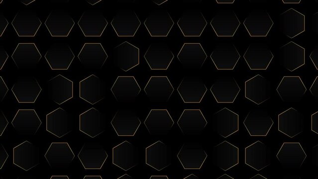 Elegant black background with hexagon pattern and golden lines. seamless loop