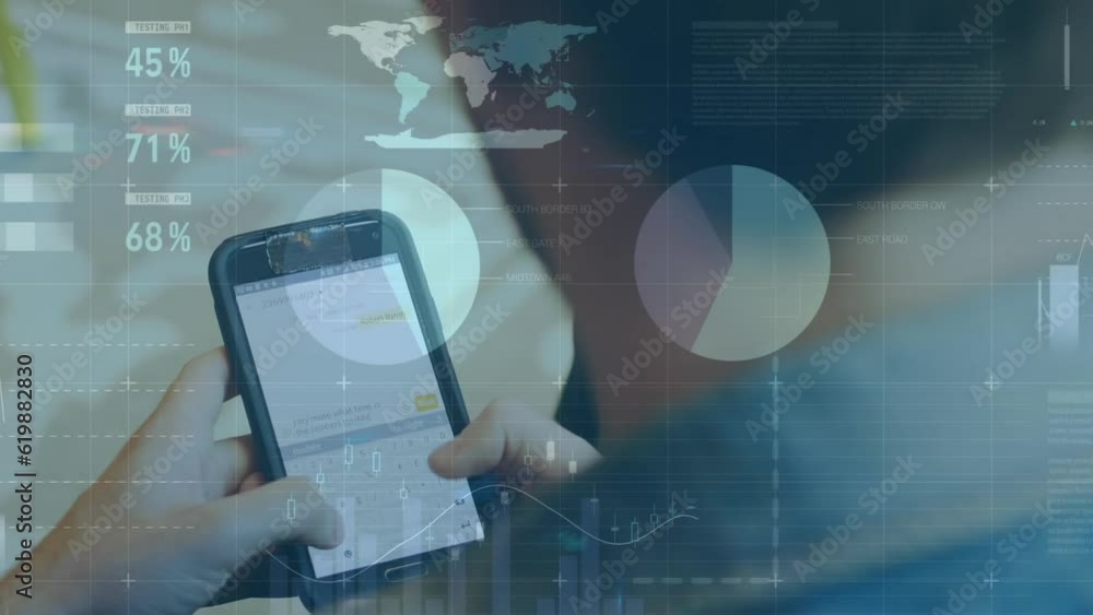Poster animation of financial data processing over caucasian businessman using smartphone