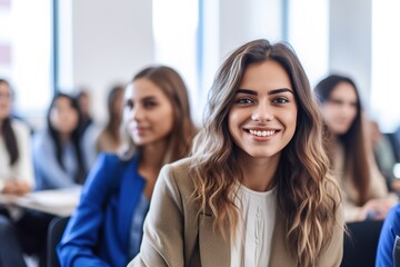 Obraz premium student education class lecture university college school classroom study woman group learning young lesson studying man female sitting classmate learn generative ai
