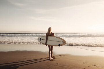 Fototapeta na wymiar photo beautiful girl walks with a surfboard on a wild beach. amazing view from the top photography