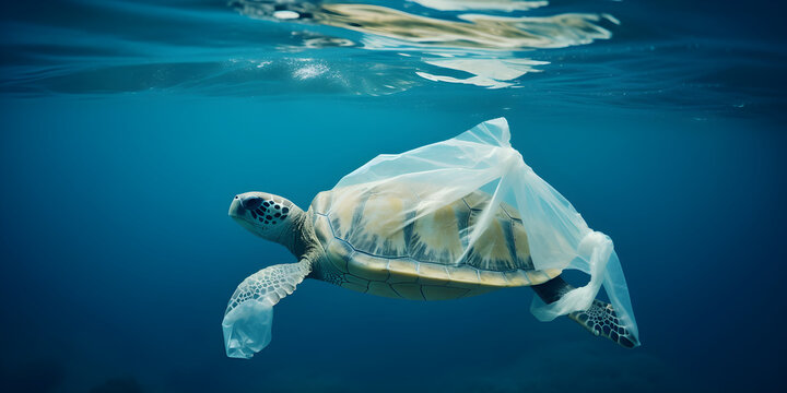 Turtle in a plastic bag, Water pollution concept, ecological problems, waste in the ocean, rubbish in nature, generated ai	