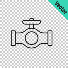 Black line Oil pipe with valve icon isolated on transparent background. Vector