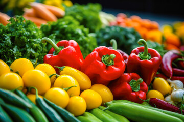 Fototapeta na wymiar Vibrant summer farmers market brimming with a colorful array of fresh fruits and vegetables, closeup. Generative AI