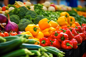 Vibrant summer farmers market brimming with a colorful array of fresh fruits and vegetables, closeup. Generative AI