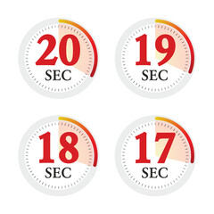 Set of digital timer 17, 18, 19, 20 seconds. Stopwatch icon. Vector Illustration.