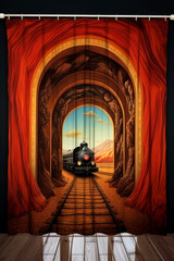  train stage curtain with arch entrance, pop surrealism