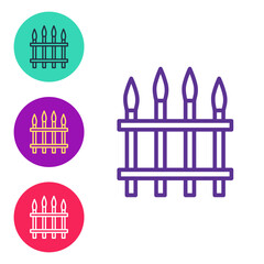 Set line Classic iron fence with metal pillars icon isolated on white background. Ancient wrought iron fence. Set icons colorful. Vector