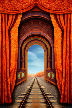 train stage curtain with arch entrance