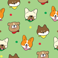 Obraz premium Seamless Pattern of Cute Cartoon Dog Face Design on Green Background