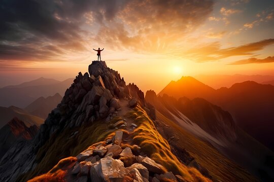 Man standing on top of a cliff at sunset with sunlight watching the beautiful mountains high edge mountain. Epic shot of achievement success and celebrating winning or freedom concept. Generative AI