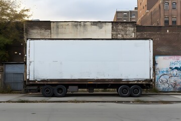 Billboard mockup on the side of an old truck. old and dirty. Rust and grime with white wash background. 