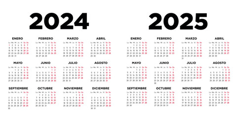 Calendario 2024 2025 en español. Semana comienza el lunes. Sábados y domingos en rojo. Ilustración - obrazy, fototapety, plakaty
