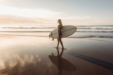 Fototapeta na wymiar photo beautiful girl walks with a surfboard on a wild beach. amazing view from the top photography
