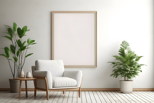 Modern clean room interior with mock up photo frame or poster with sofa chair and plants. Modern interior room, white walls. white chair, sofa.