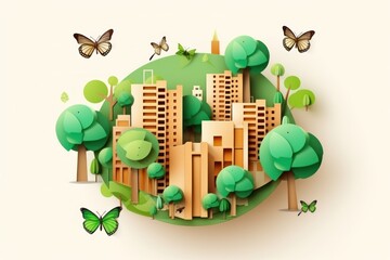 green city with butterflies and cut out trees, in the style of paper art, minimalist designs, use of paper, light brown and emerald, eco concept.