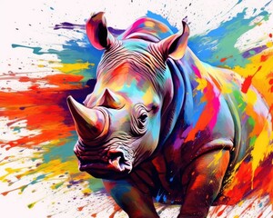 rhino  form and spirit through an abstract lens. dynamic and expressive rhino print by using bold brushstrokes, splatters, and drips of paint.  rhino raw power and untamed energy 