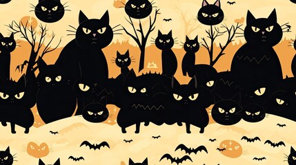 Autumn Halloween seamless background, celebration with festive animals, pumpkin, bats, and cat on yellow and black background