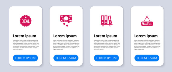 Set From 9 to 5 job, Office folders, Stacks paper money cash and Deal. Business infographic template. Vector