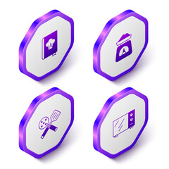 Set Isometric Cookbook, Scales, Spatula and Microwave oven icon. Purple hexagon button. Vector