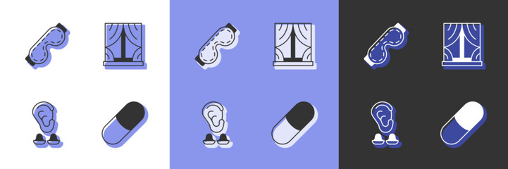 Set Sleeping pill, Eye sleep mask, Earplugs and ear and Window with curtains icon. Vector