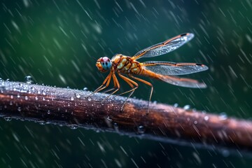 a dragonfly on a tree branch during the rain