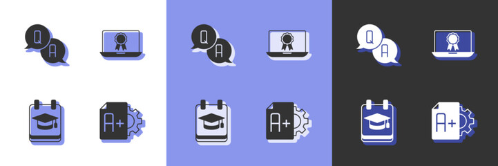 Set Exam sheet with A plus grade, Question and Answer, Online education and diploma icon. Vector