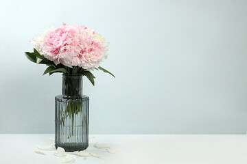 Floral composition with peony flowers in a vase on a gray background, summer banner, greeting card...