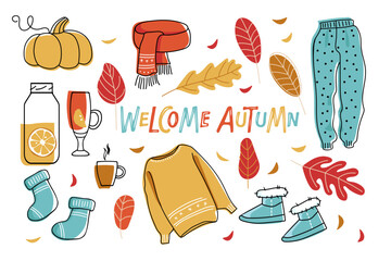 Autumnal element collection. Welcome Autumn lettering. Falling leaves, warm clothes, hot drinks Vector illustration in doodle style isolated on white background for card, banner. Seasonal doodle.