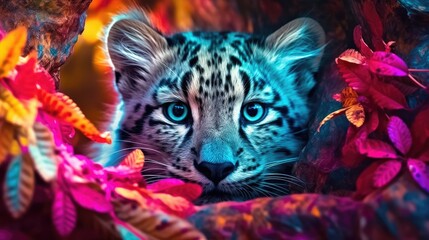 Whimsical wild baby leopard on amazing colorful background wallpaper, ai