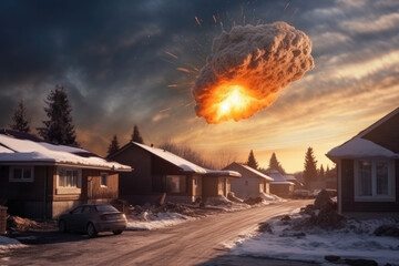 Meteorite falling on a residential neighborhood. Dramatic apocalyptic background. Generative ai