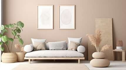 Mock up wall in Scandinavian style living room interior. 3d render