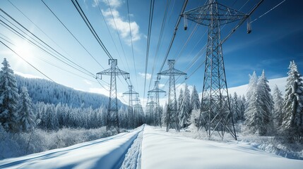 Electricity transmission towers in snow - obrazy, fototapety, plakaty