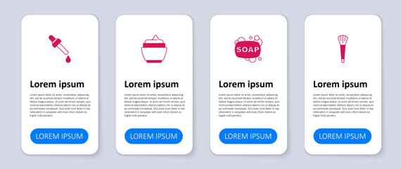 Set Makeup brush, Bar of soap, Cream or lotion cosmetic tube and Pipette with oil. Business infographic template. Vector