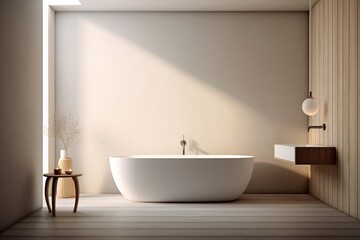 Naklejka na ściany i meble A white bath tub sitting next to a wooden table created with Generative AI technology
