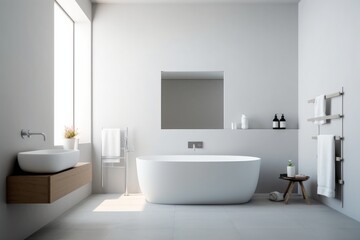 Obraz na płótnie Canvas A white bath tub sitting next to a white sink created with Generative AI technology