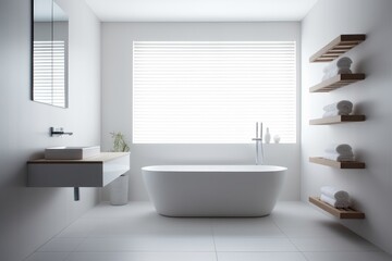 Naklejka na ściany i meble A white bath tub sitting under a window next to a sink created with Generative AI technology