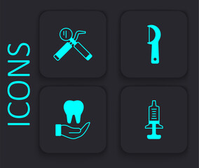 Set Syringe, Dental mirror and probe, floss and Tooth icon. Black square button. Vector
