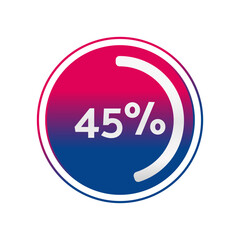 45 percent circle chart, isolated symbol. Vector red blue gradient element. Percentage Infographic sign. Illustration, icon for business, finance, progress, report, web design, download