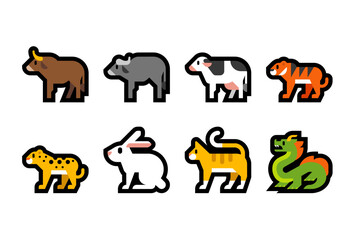 satu set ilustrasi hewan kerbau, macan, singa, sapi, kucing dan kelinci