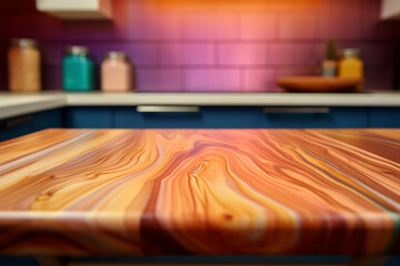 Wood table top on blur kitchen counter room